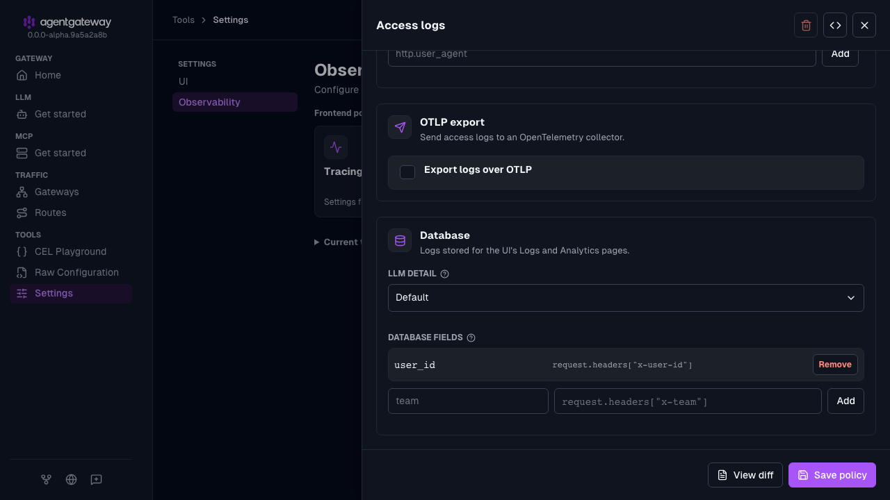 Access logs drawer with the Database section, where the database fields list has a user_id field set to the x-user-id request header