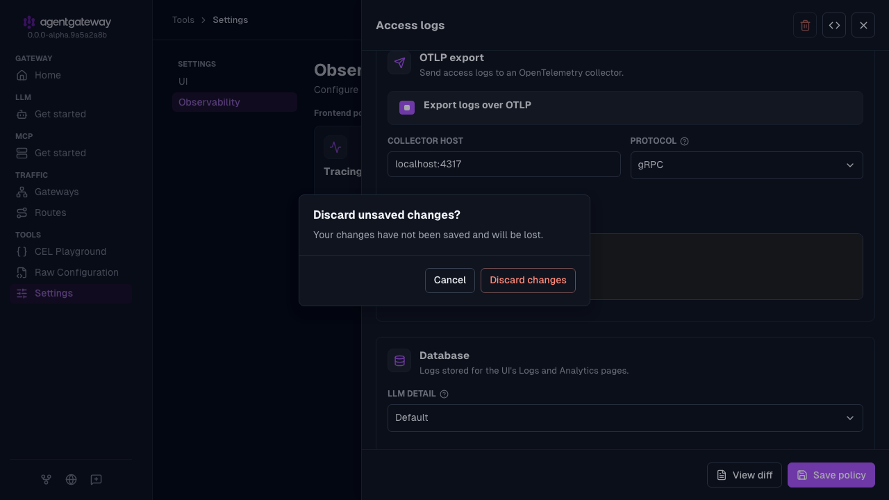 Access logs drawer with Export logs over OTLP selected, the collector host localhost:4317, the gRPC protocol, and the OTLP filter response.code >= 400