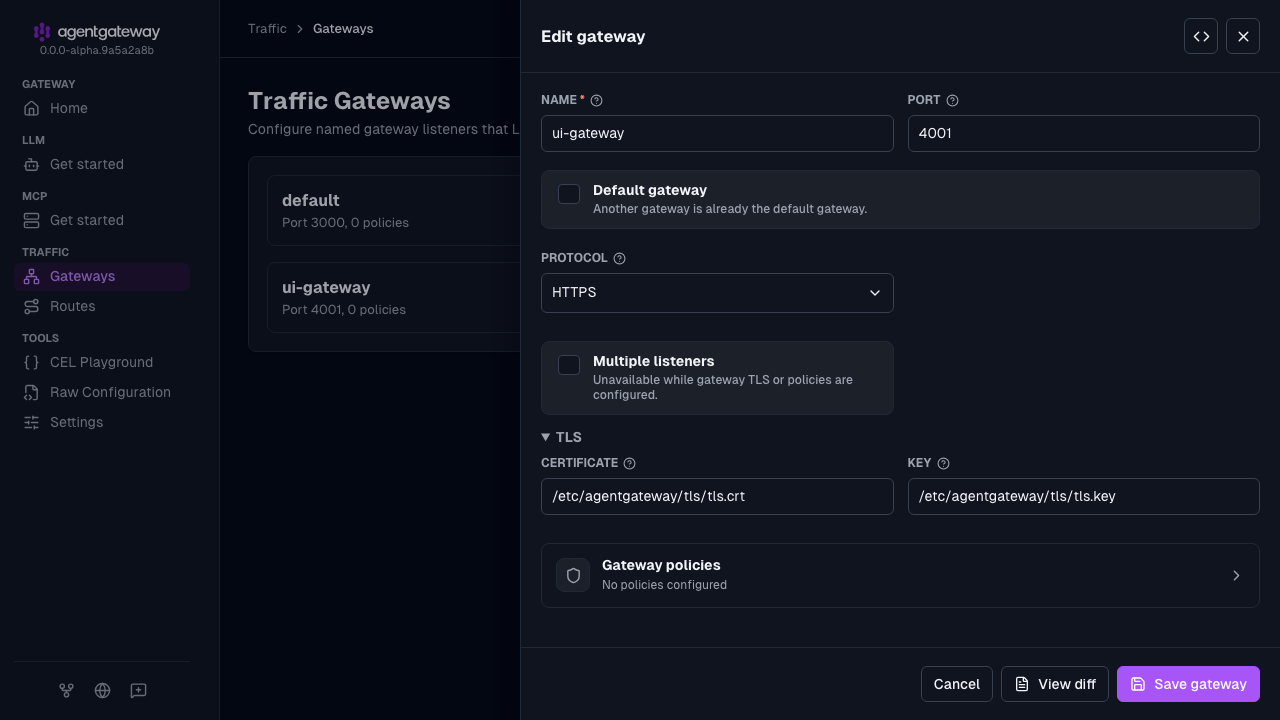 Edit gateway drawer for the ui-gateway gateway, set to HTTPS with the certificate and key from /etc/agentgateway/tls