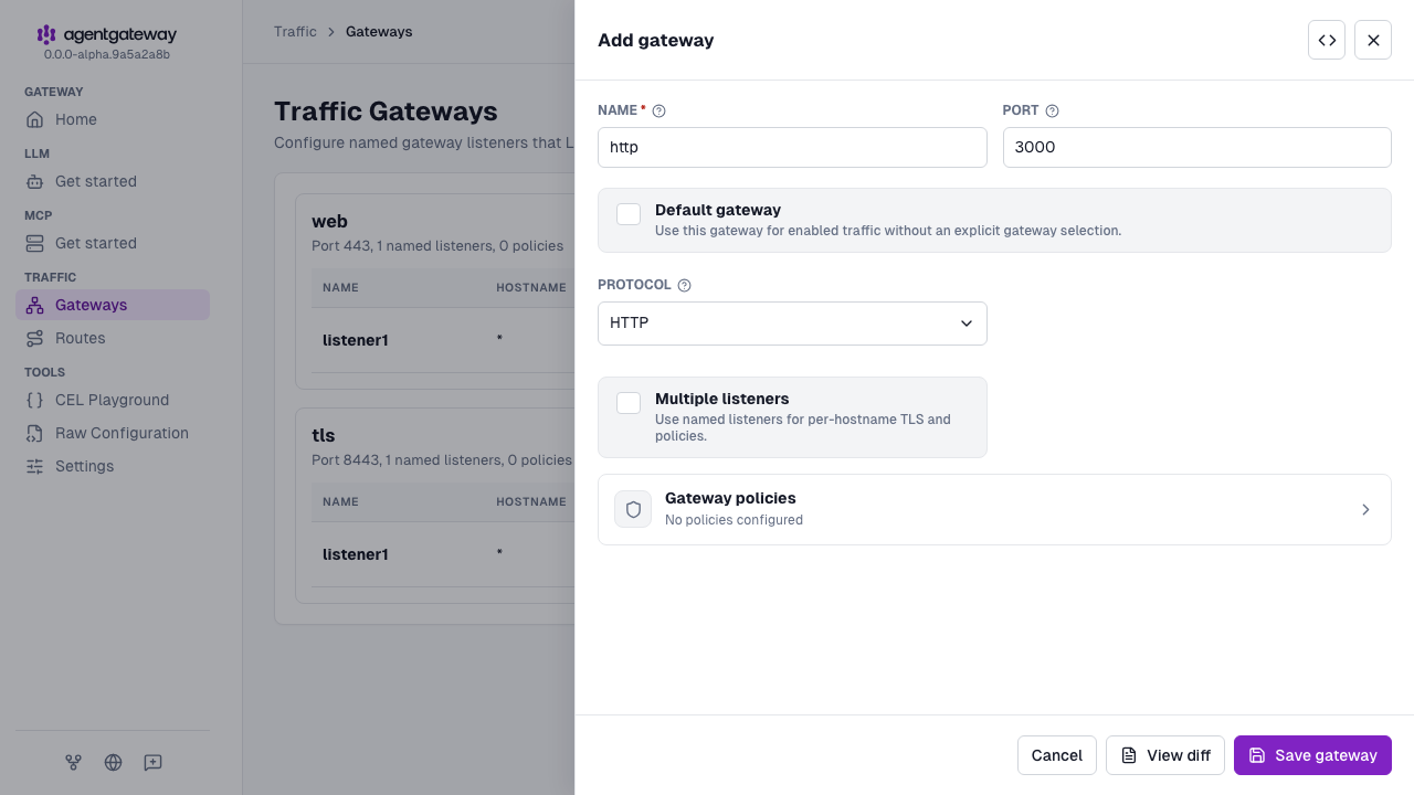 Add gateway drawer for the http gateway on port 3000 with the HTTP protocol