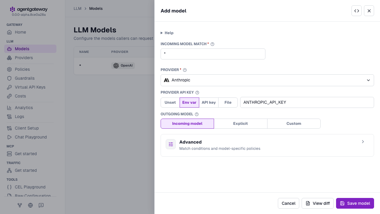 Add model drawer with the Anthropic provider selected, * as the incoming model match, and the provider API key read from the ANTHROPIC_API_KEY environment variable