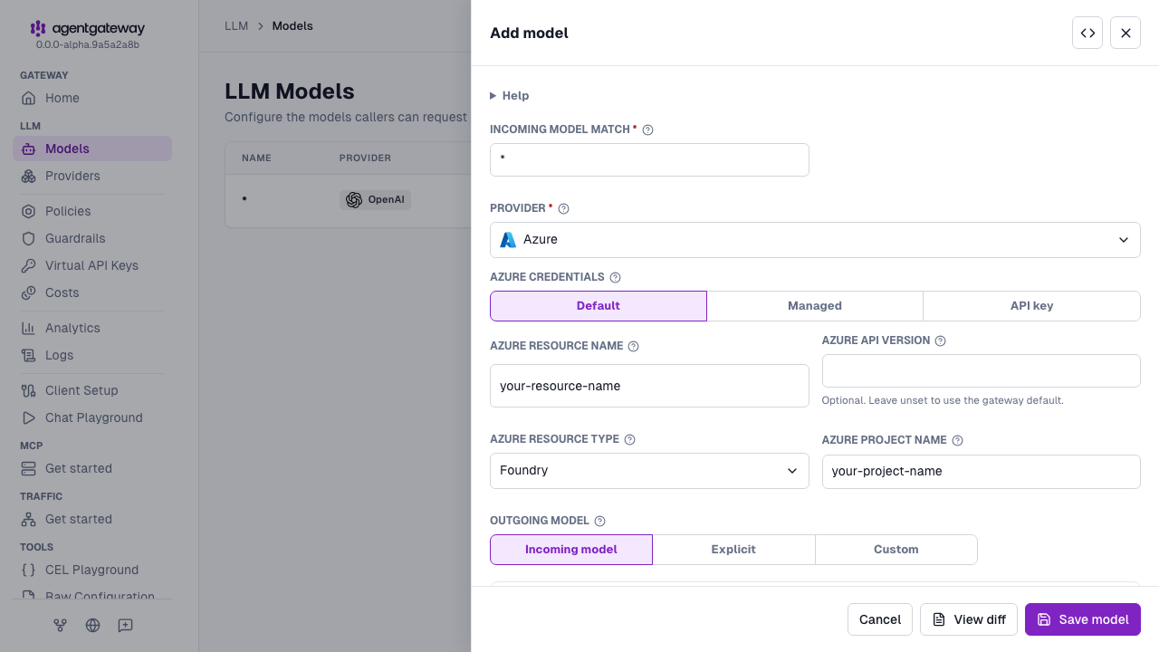 Add model drawer with Azure selected as the provider, Default as the Azure credentials, your-resource-name as the Azure resource name, Foundry as the Azure resource type, and your-project-name as the Azure project name