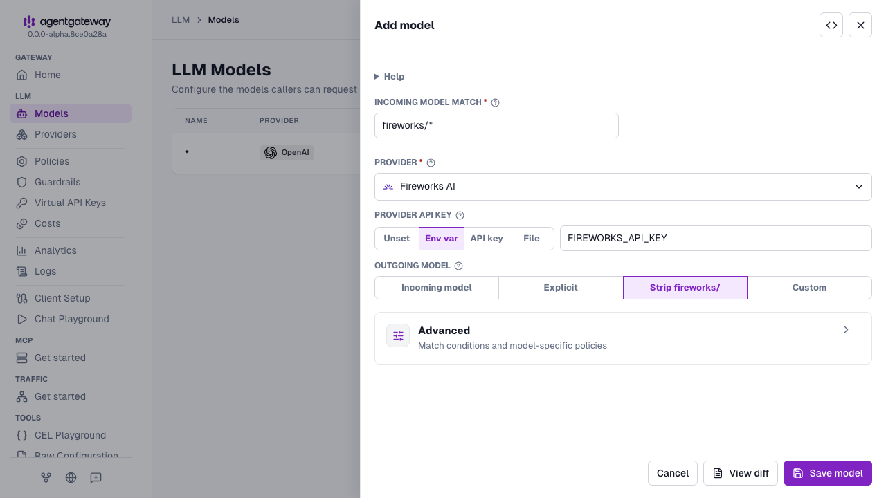 Add model drawer with Fireworks AI selected as the provider, fireworks/* as the incoming model match, and FIREWORKS_API_KEY as the environment variable for the provider API key