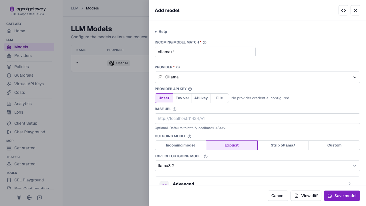 Add model drawer with the Ollama provider, ollama/* as the incoming model match, no provider API key, and llama3.2 as the explicit outgoing model