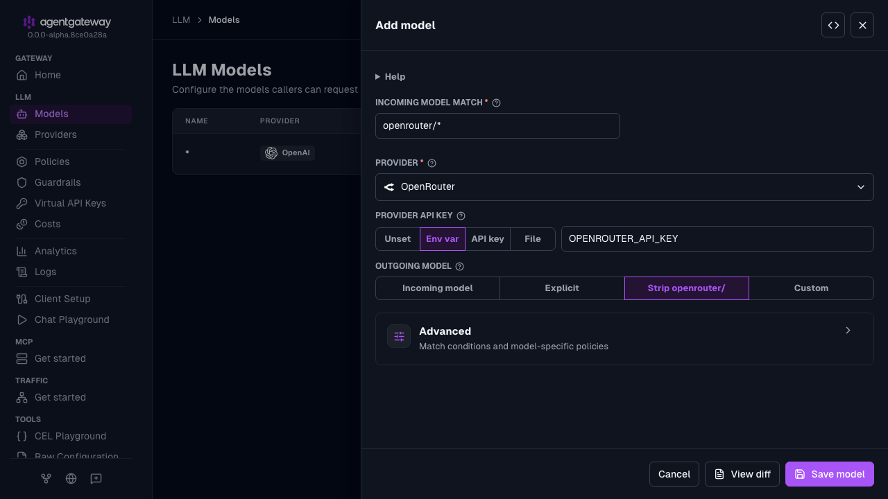 Add model drawer with OpenRouter selected as the provider, openrouter/* as the incoming model match, and OPENROUTER_API_KEY as the environment variable for the provider API key