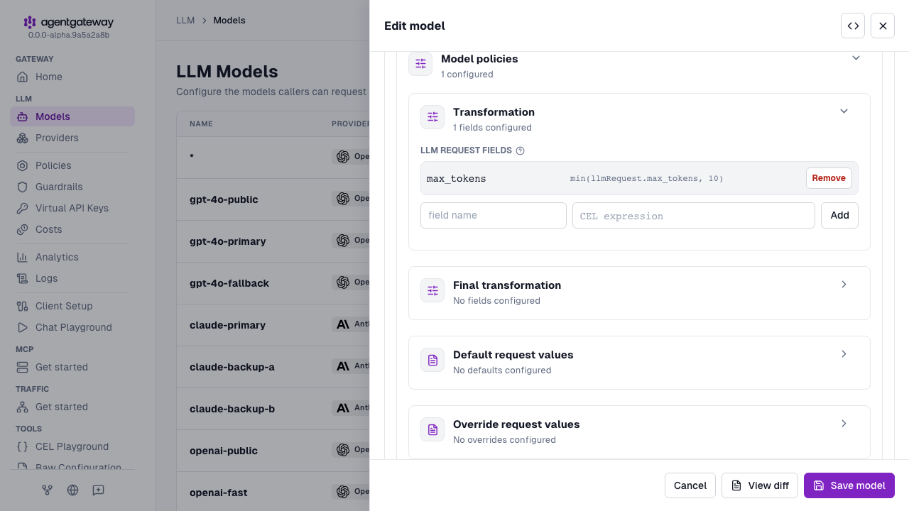 Edit model drawer with the Transformation section expanded, showing the max_tokens field set to min(llmRequest.max_tokens, 10)