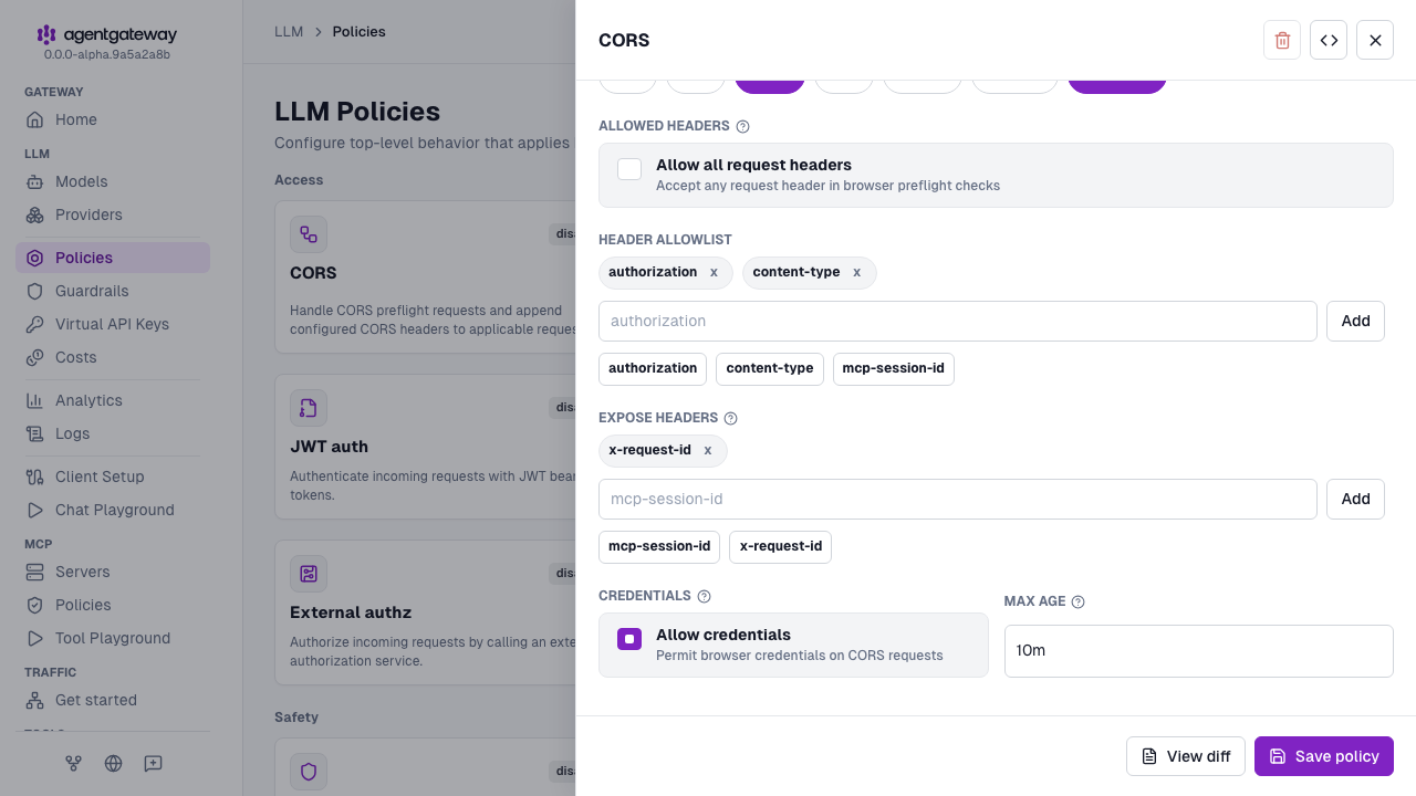 CORS policy drawer scrolled to the x-request-id expose header, Allow credentials, and a 10m max age
