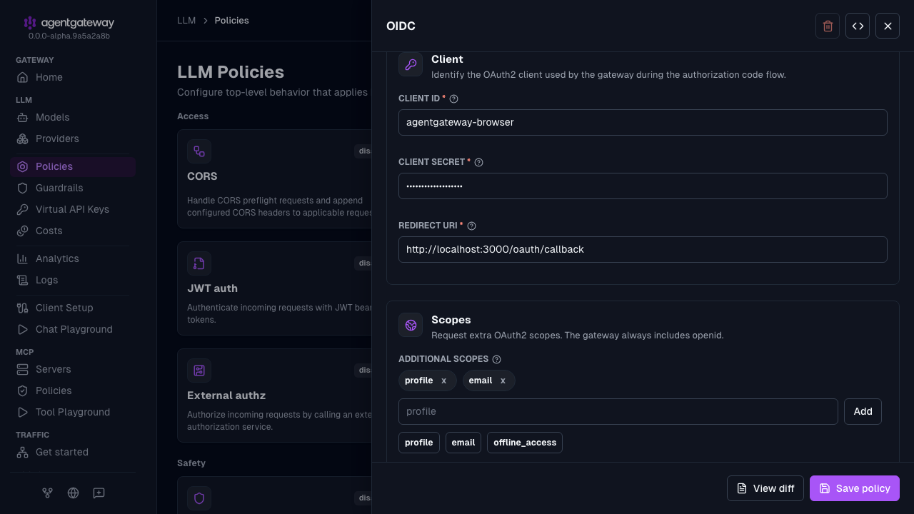 OIDC policy drawer scrolled to the client ID, client secret, redirect URI, and the profile and email scopes