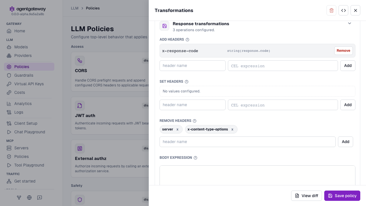 Transformations drawer with the response section setting the x-response-code header and removing two headers