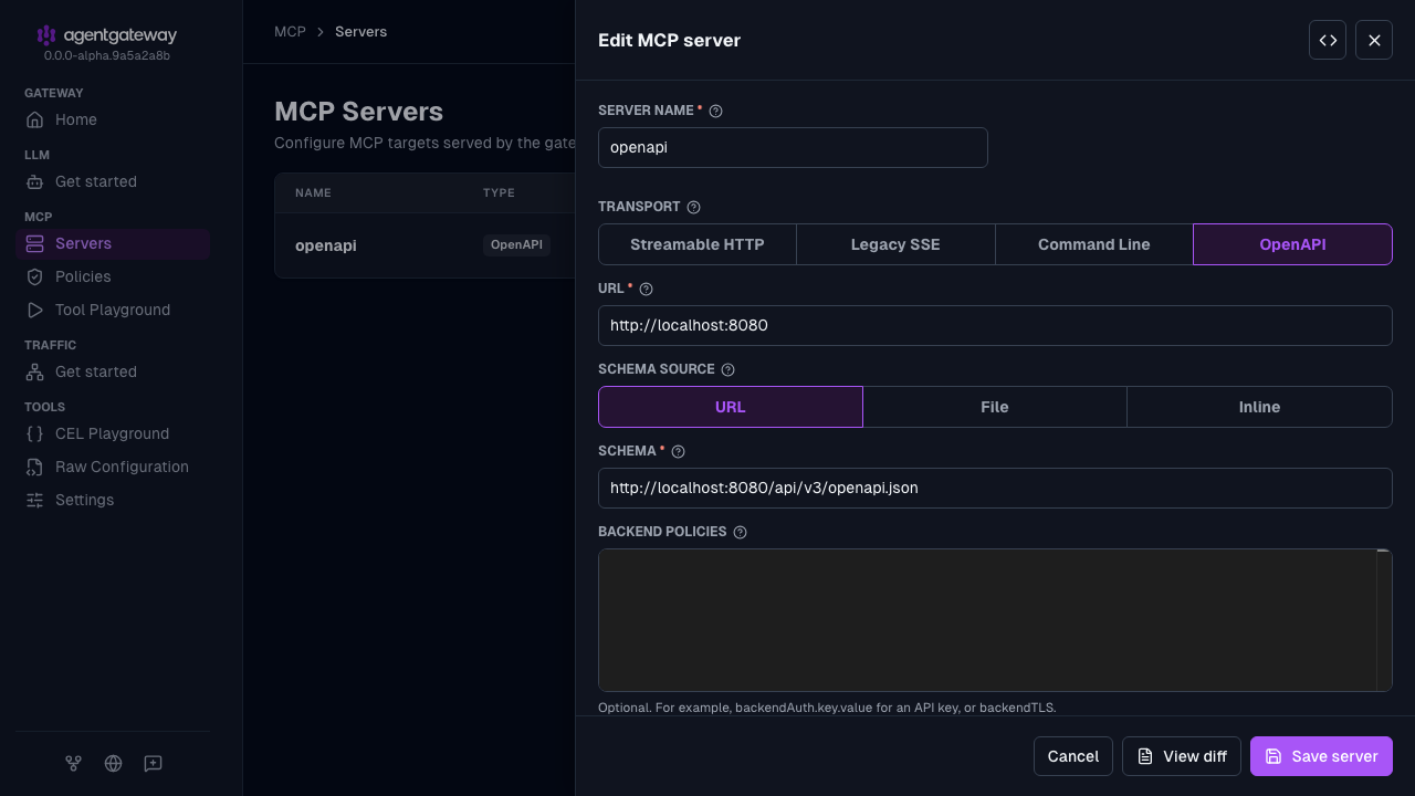 Edit MCP server drawer for the openapi target with the schema URL http://localhost:8080/api/v3/openapi.json