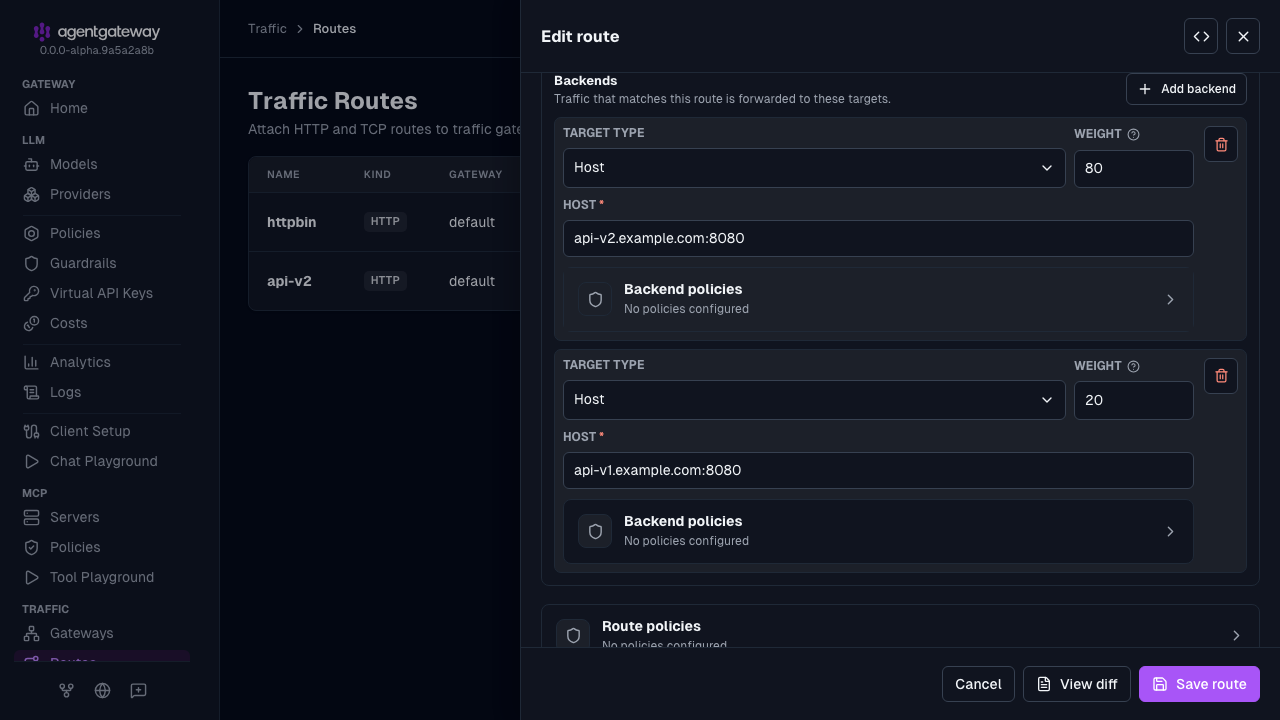 Edit route drawer for the api-v2 route with two host backends weighted 80 and 20