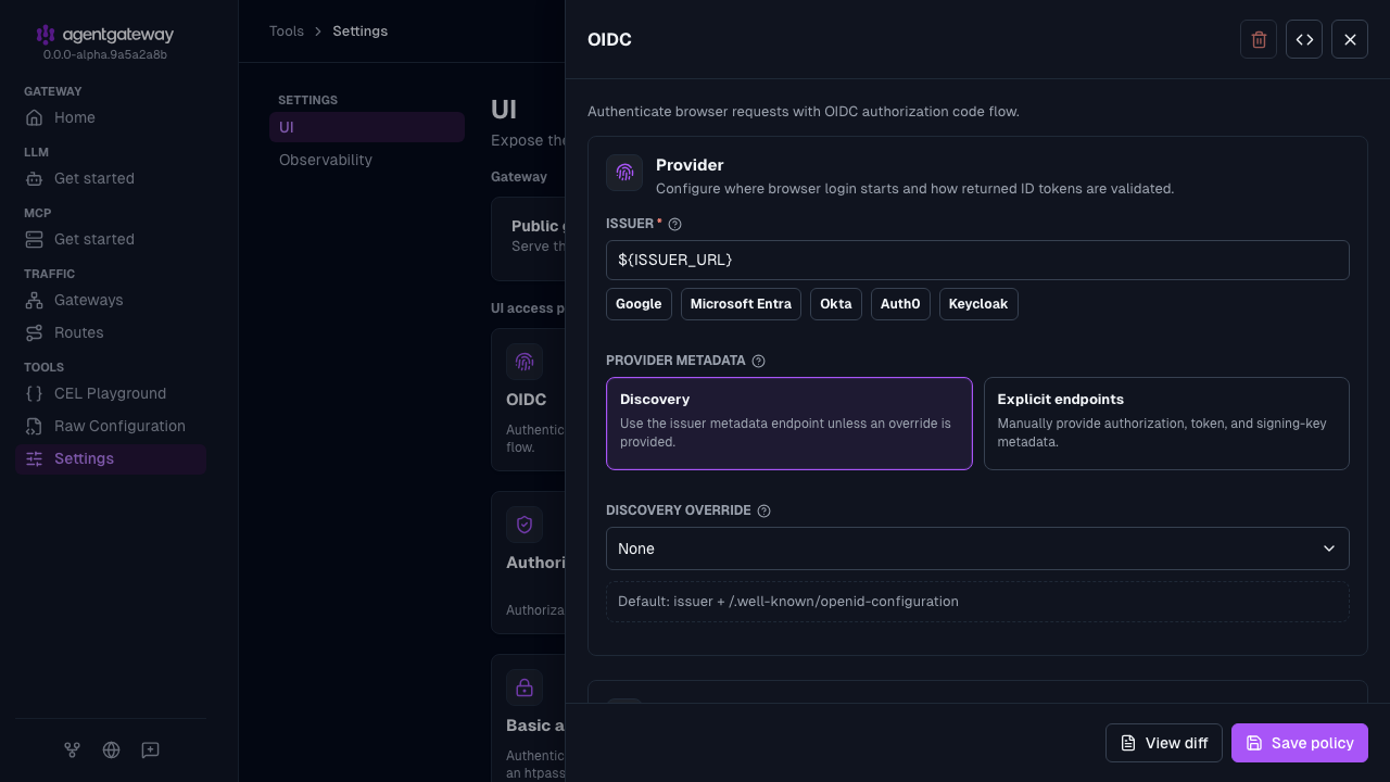 UI OIDC settings drawer with the issuer URL from the ISSUER_URL environment variable