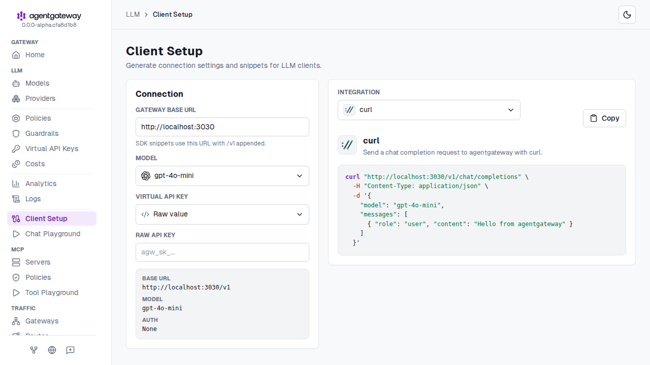 LLM Client Setup page with connection settings on the left and a generated curl snippet on the right