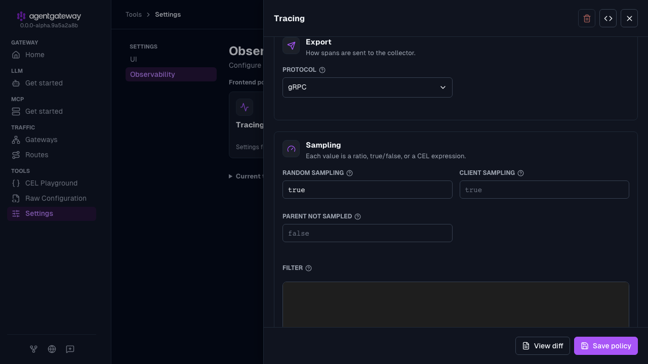Tracing drawer scrolled to the export and sampling settings, with the gRPC protocol, random sampling enabled, and the default localhost:4317 host