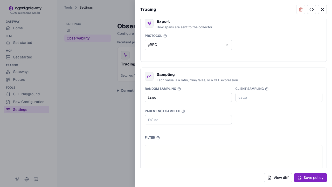 Tracing drawer scrolled to the export and sampling settings, with the gRPC protocol, random sampling enabled, and the default localhost:4317 host