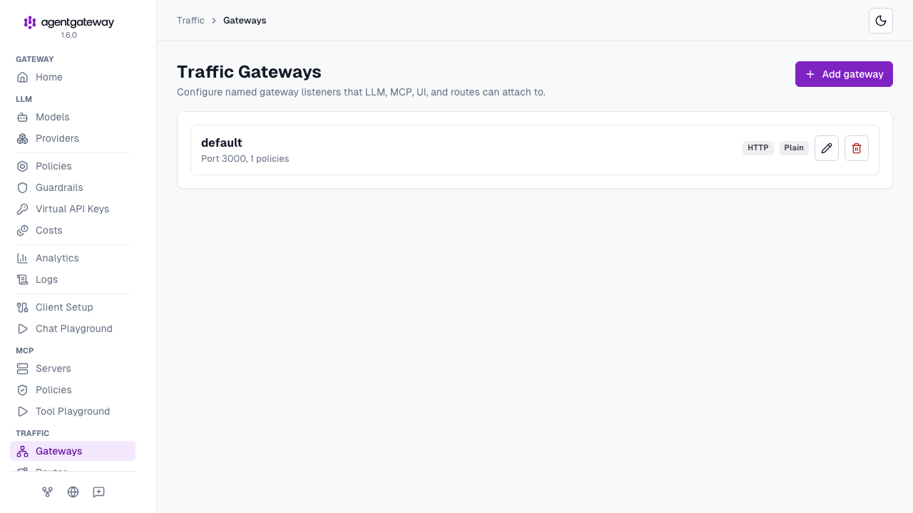 Traffic Gateways page with one gateway named default on port 3000 and an Add gateway button